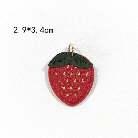 Detailed view of the red strawberry PU leather charm with dimensions