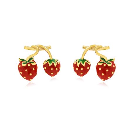 Wholesale Cute Strawberry Earrings - A close-up of the Wholesale Cute Strawberry Earrings, showcasing the detailed red and green epoxy on the gold-plated brass design.