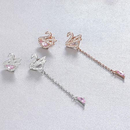 925 Sterling Silver Asymmetrical Crystal Swan Drop Stud Earrings (5 Pairs) - A pair of 925 sterling silver asymmetrical crystal swan drop stud earrings shown in both silver and rose gold finishes.