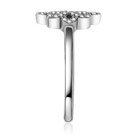 Top view of the Snowflake Silver Plated Ring, displaying its unique T-shaped band and the radiant snowflake centerpiece.