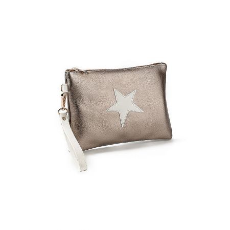Sparkly Star Clutch Bag Wholesale Price - A stylish taupe-colored PU leather clutch bag featuring a prominent white star design, perfect for wholesale.