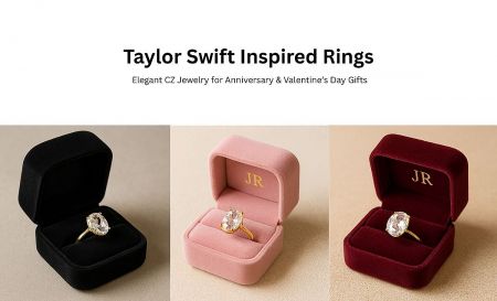 Three Taylor Swift inspired rings elegantly displayed in gift boxes, perfect for anniversaries or Valentine's Day.