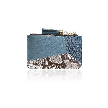 Patchwork Croc and Snakeskin Leather Mini Wallet - Stylish patchwork mini wallet featuring a unique blend of teal crocodile and snakeskin leather textures, presented on a clean white background.