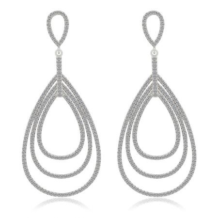 Drop A Beat Earrings - Front view of the Drop A Beat chandelier earrings, featuring a multi-layered teardrop design in rhodium-plated brass with sparkling cubic zirconia stones.