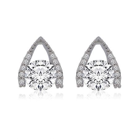 Hug CZ Stud Earrings - A close-up of the Hug CZ Stud Earrings, showcasing their teardrop design with a brilliant central cubic zirconia stone surrounded by smaller pavƩ stones, all rhodium-plated.