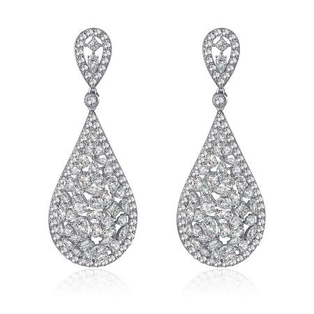 Ladies Cubic Zirconia Teardrop Earring - Front view of the elegant Ladies Cubic Zirconia Teardrop Earrings, showcasing the brilliant stones and intricate filigree design on a white background.