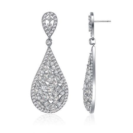 Angled view of the teardrop cubic zirconia earrings, highlighting the depth of the filigree craftsmanship.