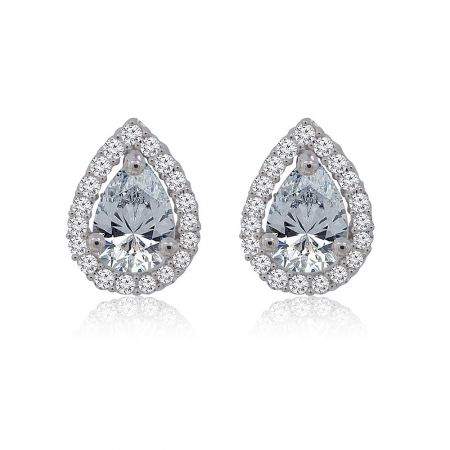 Pear-shaped Zirconia Stud Earrings - A close-up studio shot of the Pear-shaped Zirconia Stud Earrings, showcasing the brilliant teardrop-shaped central cubic zirconia stone set in rhodium-plated brass.