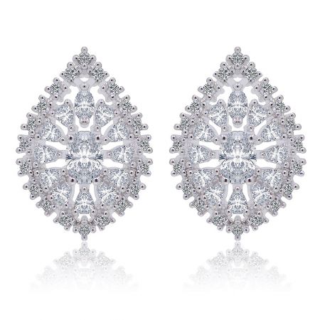 Perfect Pear Stud Earrings - A close-up of the Perfect Pear Stud Earrings, showcasing the intricate teardrop design with a large central cubic zirconia stone surrounded by smaller sparkling stones, set in rhodium-plated brass.