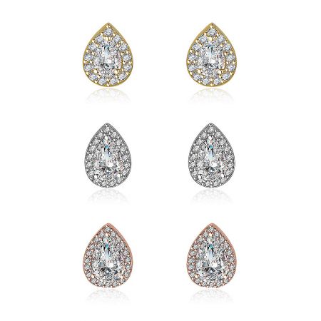 Three Tone Tear Pave Stud Earrings Set - Three Tone Tear Pave Stud Earrings Set featuring three pairs of teardrop earrings in rhodium, gold, and rose gold plating with cubic zirconia.