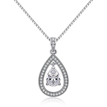 Detailed view of the pear-shaped cubic zirconia pendant on a silver chain.