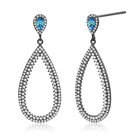 Angled view of the Blue Gemstone Black Gold Halo Pear CZ Earrings, highlighting the intricate craftsmanship and post closure.