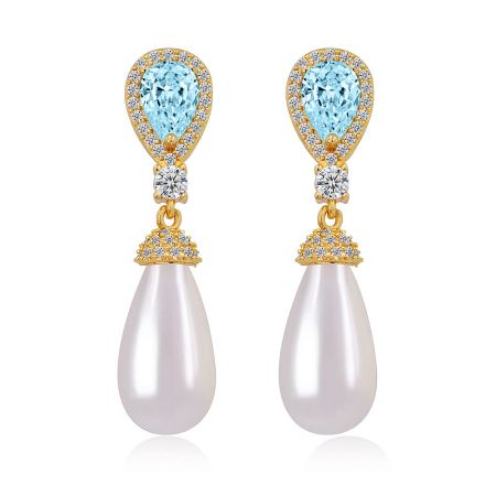Dinglar Med Fröjd I Blått - Ett par Dangle With Delight In Blue örhängen, med tårformade ljusblå ädelstenar och vita pärlor i elegant guldplätering med glittrande kubisk zirkonia.
