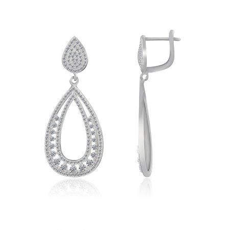 Detailed view of the teardrop statement earrings showcasing the intricate pattern of small gemstones on the silver frame.