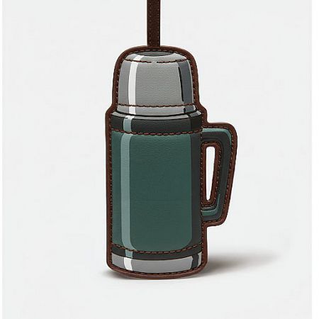 A stylish thermos featuring a custom brown leather cover, demonstrating a premium branding application.