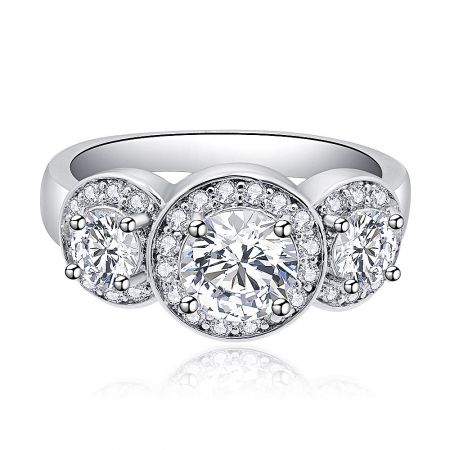 LOVE 3 Stone Zirconia Ring - Front view of the LOVE 3 Stone Zirconia Ring, showcasing three brilliant round-cut zirconia stones on a rhodium-plated band, symbolizing everlasting love.