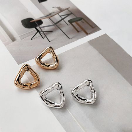 Geometric Gold & Silver Plated Curve Triangle Hoop Earrings (5 Pairs Set) - A pair of gold and a pair of silver geometric curve triangle hoop earrings displayed side-by-side on a white background.