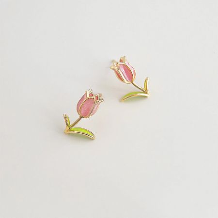 14k Gold Plated Enamel Tiny Tulip Flower Stud Earrings (5 pairs) - A pair of 14k gold-plated enamel tulip stud earrings with delicate pink petals and green leaves, showcasing the detailed craftsmanship.