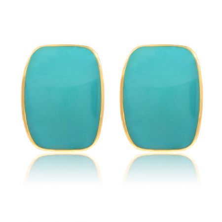 Enamel Cubic Square Elegant Turquoise Studs - A pair of Enamel Cubic Square Elegant Turquoise Studs with a vibrant turquoise epoxy center and polished gold-plated brass trim, shown against a clean white background.