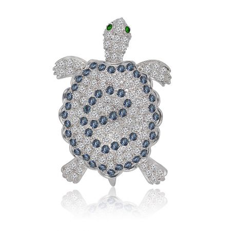 Blue White Turtle Brooch Pin - Close-up of the Blue White Turtle Brooch Pin, showcasing its intricate design with sparkling blue and emerald rhinestones on a rhodium-plated zinc alloy base.