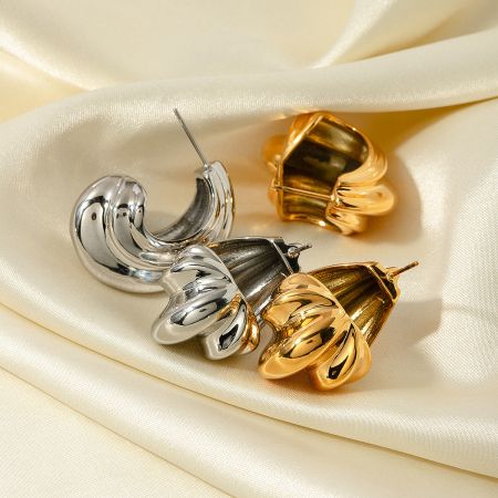 Stainless Steel Chunky Geometric C-Shaped Hoop Stud Earrings (Set of 5 Pairs) - A set of stainless steel chunky geometric C-shaped hoop earrings in both gold and silver finishes, displayed elegantly on a cream-colored satin background.