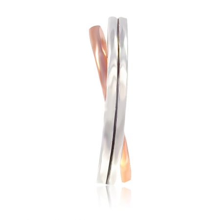 Detailed view of the twisted metal design with a silver and rose gold color scheme.