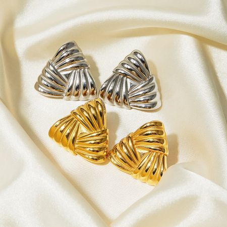 Three pairs of chunky weave earrings in silver and gold, showing the unique twisted design.