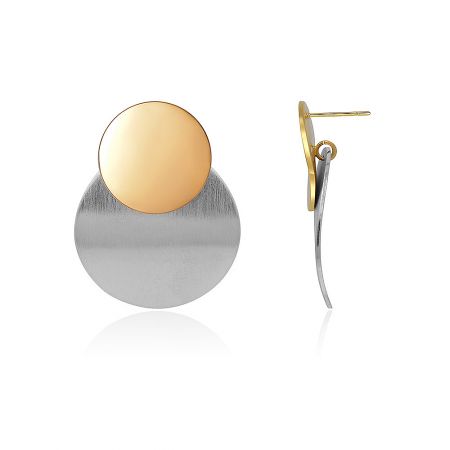 Detailed product shot of the two-tone circular earrings, highlighting the gold and silver color combination.