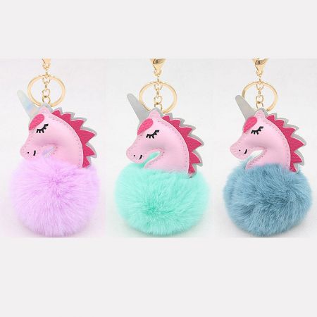 PU Leather Unicorn Bag Charm with Pom Pom Fur Ball Keychain - A vibrant collection of PU leather unicorn bag charms, each with a different colored fluffy pom-pom, showcasing the product's variety.