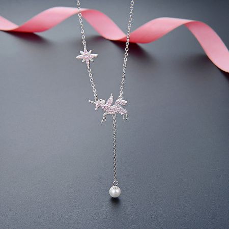 925 Sterling Silver Pink Zirconia Unicorn Drop Pearl Y-Chain Necklaces - A delicate 925 sterling silver Y-chain necklace featuring a whimsical unicorn charm, a sparkling pink zirconia star, and an elegant drop pearl.