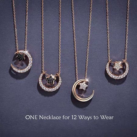 Four different ways to wear the versatile rose gold necklace, demonstrating its unique styling options.
