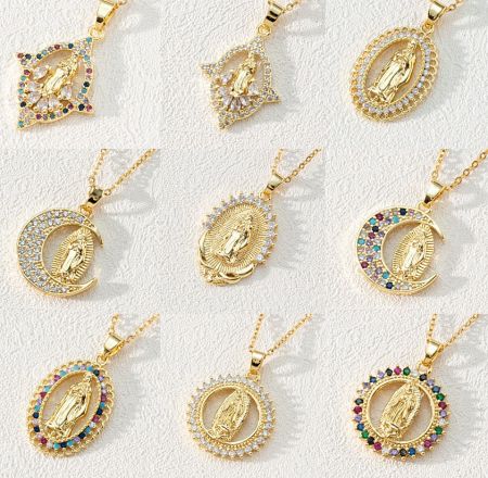 Custom Women's Religious Necklace - A collection of custom women's religious necklaces featuring gold Virgin Mary pendants with various designs and colorful gemstone embellishments, offered by JR Fashion Accessories.