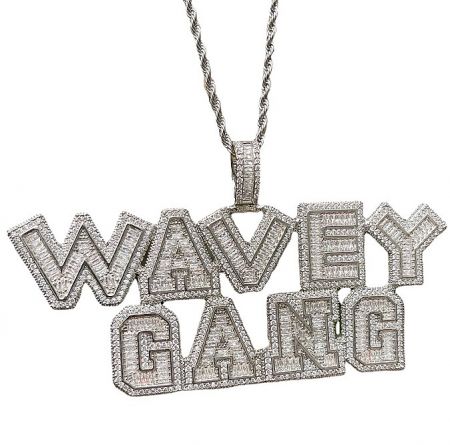 A complete custom name pendant necklace featuring 'WAVEY GANG' in silver with diamond accents.