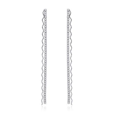 Wavy Chain CZ Chandelier Earrings - A pair of Wavy Chain CZ Chandelier Earrings with rhodium plating, showcasing a delicate wavy design adorned with sparkling clear rhinestones.