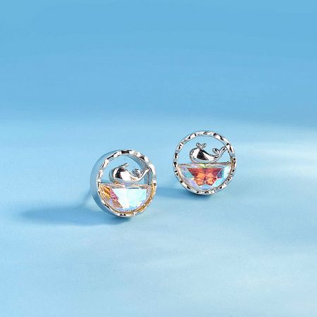 925 Sterling Silver Rainbow Opal Whale Stud Earrings - A detailed close-up of the 925 sterling silver whale stud earrings, highlighting the polished silver whale figure resting on a captivating rainbow opal stone.