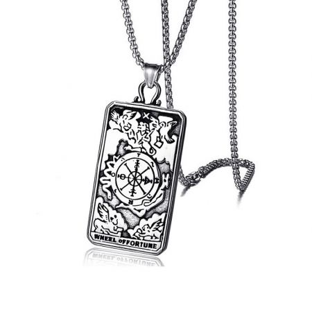 Tarot Necklace For Men - A detailed close-up of the stainless steel Wheel of Fortune tarot pendant necklace for men, showcasing its intricate design and craftsmanship.