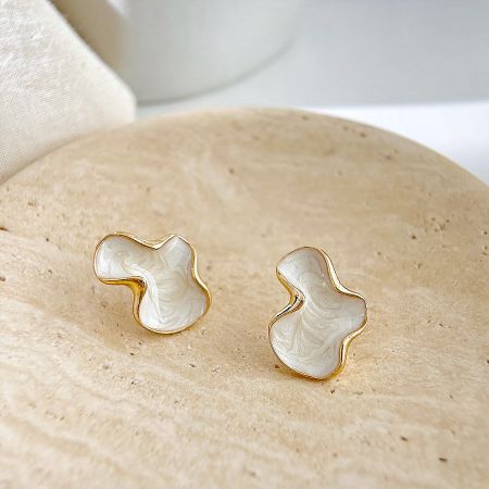 14k Gold Plated White Enamel Irregular Shape Stud Earrings (5 Pairs Set) - A pair of 14k gold plated stud earrings with a unique, irregular shape and white enamel inlay, displayed on a neutral background.