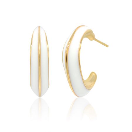Side view of the white enamel hoop earring showcasing its smooth epoxy finish and gold details.
