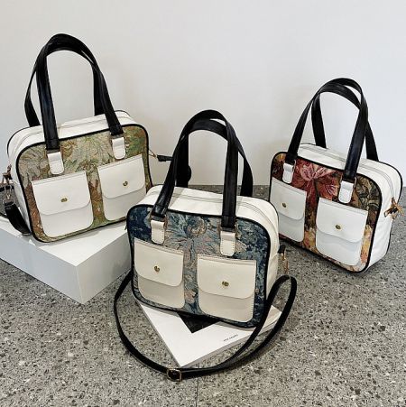 Three design variations of the white luxury handbag with elegant floral patterns.