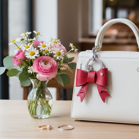 Wholesale Bow Keychain with Rhinestone Accent Cute PU Leather Bag Charm for Women (5 pcs) - Elegant red PU leather bow keychain with rhinestone accent, shown as a stylish bag charm on a white handbag.