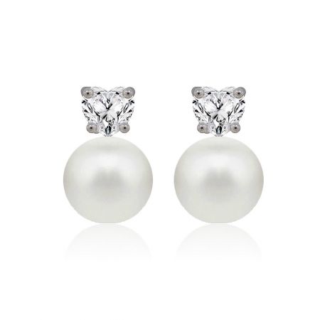 Heart Shaped CZ Pearl Stud Earrings - Heart Shaped CZ Pearl Stud Earrings featuring a prominent white pearl and a sparkling heart-shaped cubic zirconia in a rhodium-plated setting.