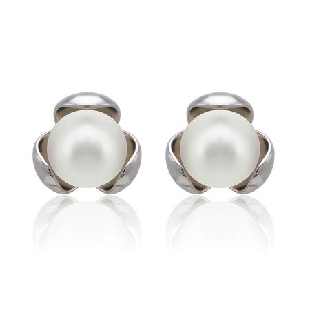 Flower Loop Pearl Stud Earring - Front view of the elegant Flower Loop Earring, featuring a white glass pearl set in a rhodium-plated brass floral design.