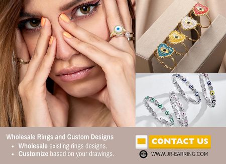 Promotional image for wholesale evil eye rings and custom jewelry design services.