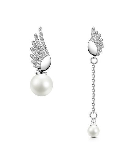 Angel's Wings Chain Earrings - Close-up of Angel's Wings Chain Earrings, showcasing the intricate wing design with cubic zirconia embellishments and a prominent white pearl.
