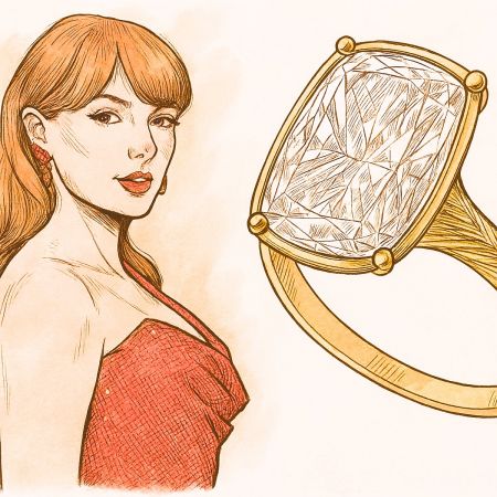 Taylor Swift Wedding Ring Inspired Custom Cubic Zirconia Jewelry - An elegant illustration of a woman admiring a large diamond engagement ring, representing the Taylor Swift inspired custom jewelry offered by JR Fashion Accessories.
