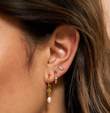 A close-up view of a woman's ear adorned with an elegant gold-plated pearl drop earring from the JRE-141 set.