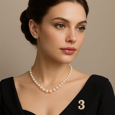 Custom Letter and Number Brooches - An elegant woman wearing a custom rose gold number 3 letter brooch, paired with a classic pearl necklace, showcasing personalized anniversary jewelry.