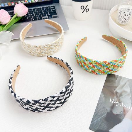 Multicolor Hand-Woven Raffia Braided Headbands (Set of 5) - A set of three hand-woven raffia braided headbands in multicolor, black and white, and beige, displayed for wholesale by JR Fashion Accessories.