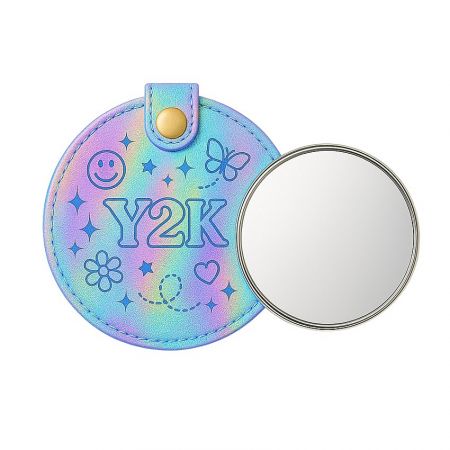 A stylish Y2K-themed holographic leather pouch with a convenient built-in mirror.