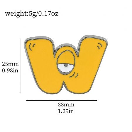 Close-up of a yellow cartoon letter 'W' pin showing detailed specifications and quality.